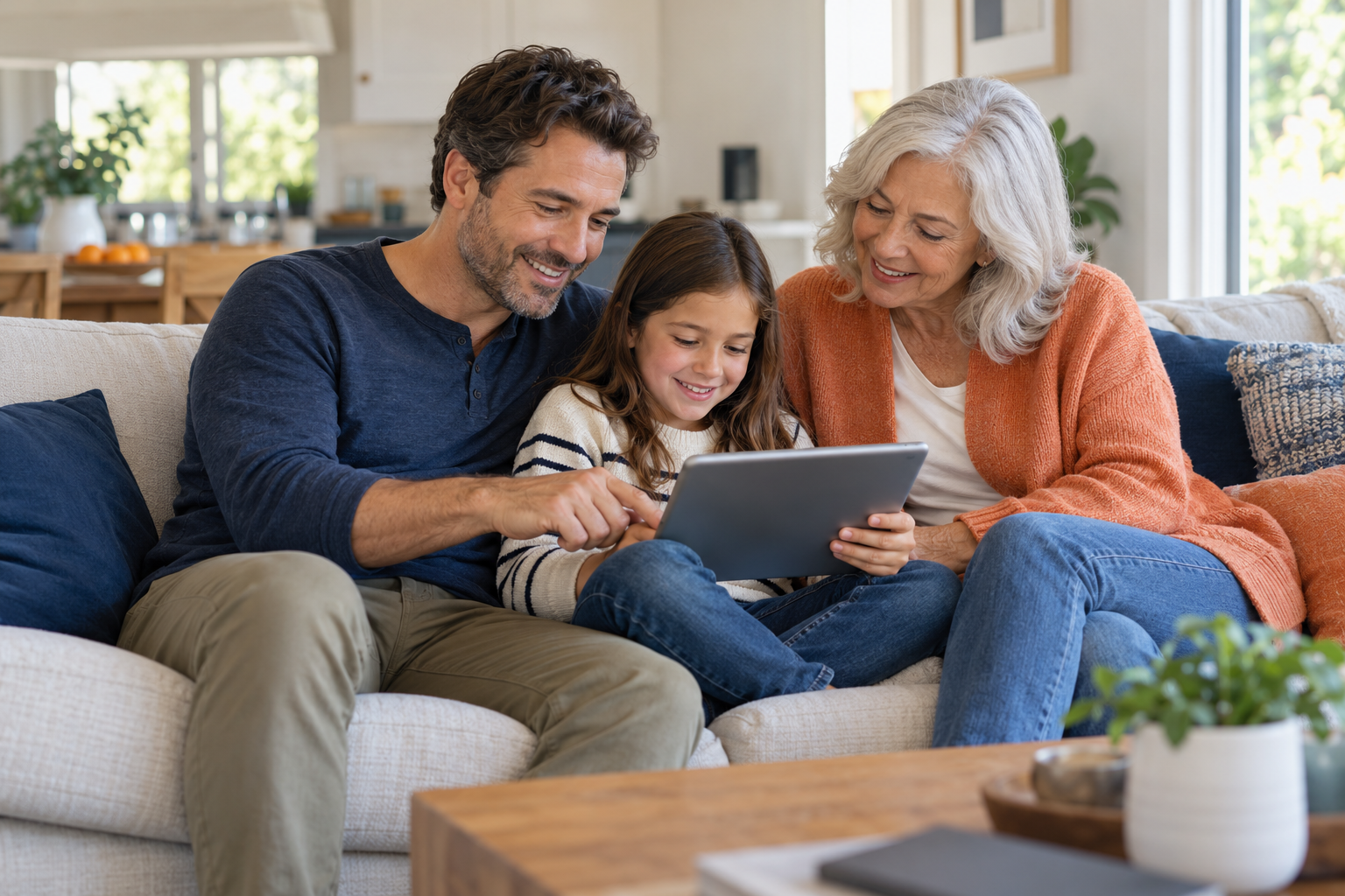 Illustrative scene of a smiling family sharing a tablet on their sofa